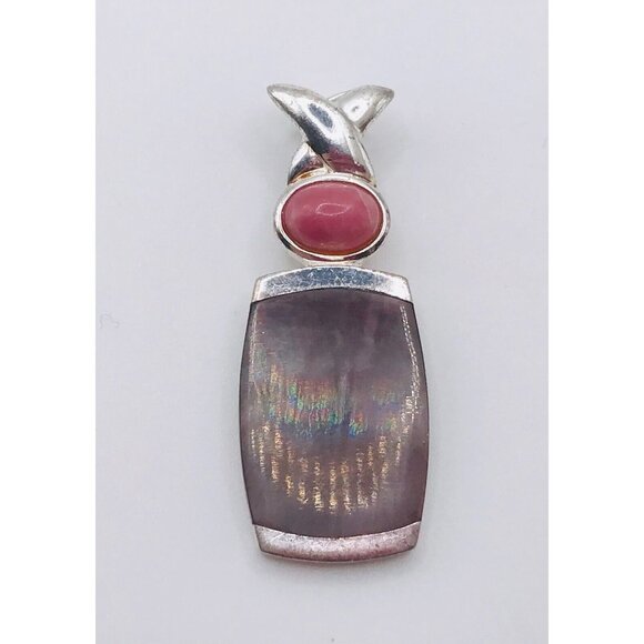 Vintage Sterling Pendant Abalone Shell Pink Stone Abstract Shape 925 Estate - Picture 2 of 4